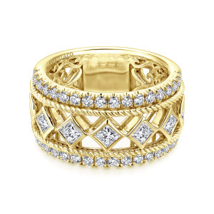 Gabriel & Co. AN12422Y44JJ 14 karat yellow gold Contemporary anniversary band, front view of square stones on point in an open lattice between twisted rope borders