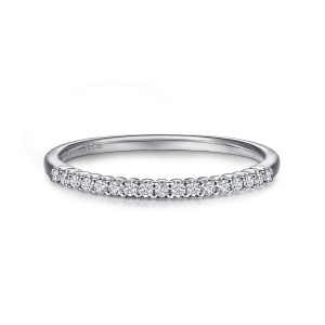 Gabriel & Co. AN12533W44JJ 14 karat white gold Classic wedding band, front view of a straight row of small round diamonds that ends before the plain shank