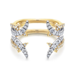 Gabriel & Co. AN12542S-M44JJ 14 karat white and yellow gold Contemporary ring enhancer, front view of paired pointed crescents lined with diamonds across an open band