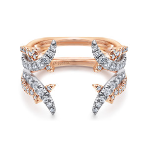 Gabriel & Co. AN12542S-T44JJ 14 karat white and rose gold Contemporary ring enhancer, front view of four tapering crescents with a wide gap at the middle between pointed tips