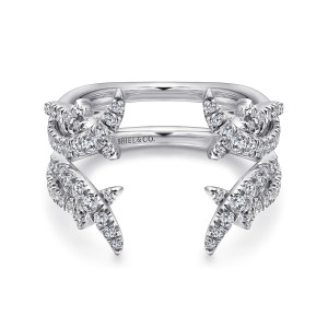 Gabriel & Co. AN12542S-W44JJ 14 karat white gold Contemporary ring enhancer, front view of crossing diamond ribbons and a plain rail between the thorn tips