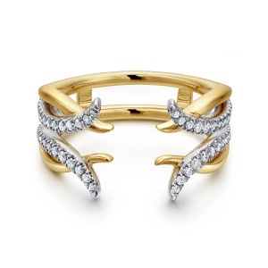 Gabriel & Co. AN12545S-M44JJ 14 karat white and yellow gold Contemporary ring enhancer, front view of tapering stone-set strands crossing over a smooth shank above an open gap