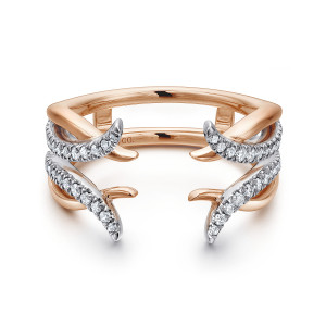 Gabriel & Co. AN12545S-T44JJ 14 karat white and rose gold Contemporary ring enhancer, front view of thorn-shaped arms crossing a smooth frame, with a gap between the pointed tips