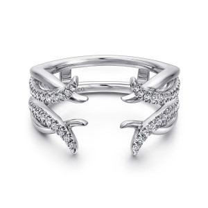 Gabriel & Co. AN12545S-W44JJ 14 karat white gold Contemporary ring enhancer, front view of crossing strands with tiny stones tapering to four thorn-like points