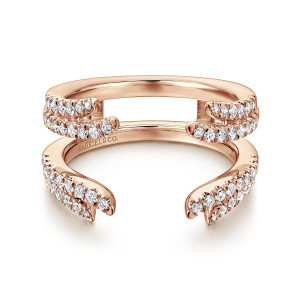 Gabriel & Co. AN12546M-K44JJ 14 karat rose gold Contemporary ring enhancer, front view of the split open outline with curled ends and a plain polished back rail