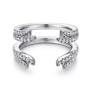 Gabriel & Co. AN12546M-W44JJ 14 karat white gold Contemporary ring enhancer, front view of the forked open ends with two rows of small stones and an open window
