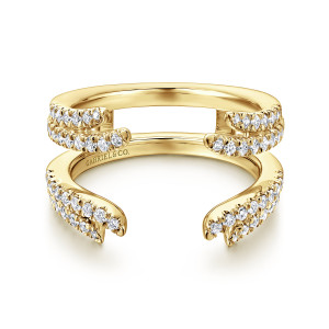 Gabriel & Co. AN12546M-Y44JJ 14 karat yellow gold Contemporary ring enhancer, front view of an open band with two rows of small stones lining each curled tip