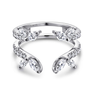 Gabriel & Co. AN12548M-W44JJ 14 karat white gold Contemporary ring enhancer, front view of the open band standing upright with a marquise and smaller pointed stone at each tip