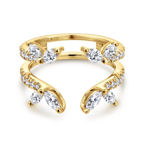 Gabriel & Co. AN12548M-Y44JJ 14 karat yellow gold Contemporary ring enhancer, front view of the open gap with leaf-like pointed stones at each tip