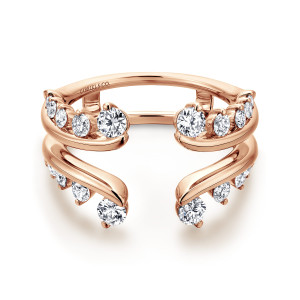 Gabriel & Co. AN12549M-K44JJ 14 karat rose gold Contemporary ring enhancer, front view of layered curling arms with a large round stone at each tip and a center gap