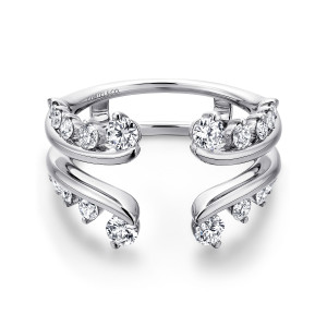 Gabriel & Co. AN12549M-W44JJ 14 karat white gold Contemporary ring enhancer, front view of curling arms with stones stepping down in size away from a central opening