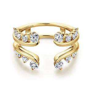 Gabriel & Co. AN12549M-Y44JJ 14 karat yellow gold Contemporary ring enhancer, front view of the clear gap between mirrored curls, each ending in the largest diamond