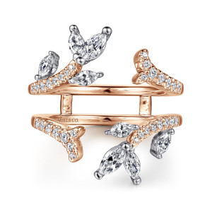 Gabriel & Co. AN12550M-T44JJ 14 karat white and rose gold Floral Nouveau ring enhancer, front view of two arms joined by crossbars, with marquise leaf sprays at opposite ends