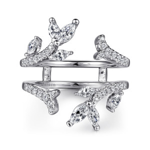 Gabriel & Co. AN12550M-W44JJ 14 karat white gold Floral Nouveau ring enhancer, front view of parallel arms joined by cross bars with leaf clusters on opposite sides