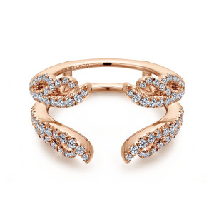 Gabriel & Co. AN12551M-K44JJ 14 karat rose gold Contemporary ring enhancer, front view of the scrolled loops with tiny stones tracing each curl and open eyelets at the middle