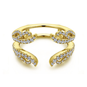 Gabriel & Co. AN12551M-Y44JJ 14 karat yellow gold Contemporary ring enhancer, front view of the scrolled loops and the swept pointed tips on either side of the gap