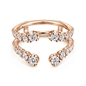 Gabriel & Co. AN12552M-K44JJ 14 karat rose gold Contemporary ring enhancer, front view of both open arcs with the largest stones facing each other across the gap