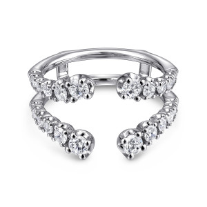 Gabriel & Co. AN12552M-W44JJ 14 karat white gold Contemporary ring enhancer, front view of the band with two rows of stones ending in larger rounded cups
