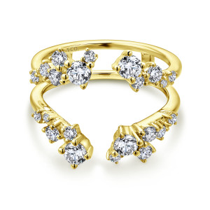 Gabriel & Co. AN12553L-Y44JJ 14 karat yellow gold Starlight ring enhancer, front view of the split arms with large and small round diamonds bunched beside each gap