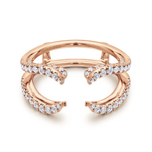 Gabriel & Co. AN12738S-K44JJ 14 karat rose gold Contemporary ring enhancer, front view of open arms lined with small round stones curling apart above a plain lower shank