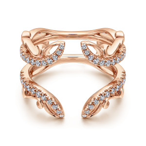Gabriel & Co. AN12740L-K44JJ 14 karat rose gold Contemporary ring enhancer, front view of the open gap between curled tips, flat looping links and diamond edged leaf shapes