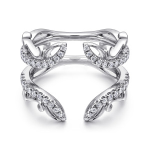 Gabriel & Co. AN12740L-W44JJ 14 karat white gold Contemporary ring enhancer, front view of curling leaf shaped arms above a back of linked polished loops