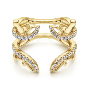 Gabriel & Co. AN12740L-Y44JJ 14 karat yellow gold Contemporary ring enhancer, front view of curved pointed arms lined with small diamonds and joined by link shaped loops