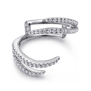 Gabriel & Co. AN12741M-W44JJ 14 karat white gold Contemporary ring enhancer, front view of two diamond strands sweeping into pointed tips above the smooth squared back