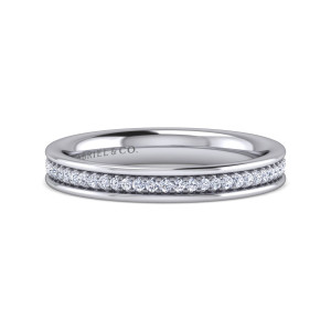Gabriel & Co. AN14181W44JJ 14 karat white gold Contemporary wedding band, front view of a fine row of tiny round diamonds between two polished rails