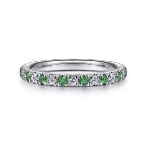 Gabriel & Co. AN14190W44EA 14 karat white gold Classic anniversary band, front view of green stones and diamonds alternating in a straight line between small prongs