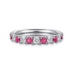 Gabriel & Co. AN14191W44RA 14 karat white gold Classic anniversary band, front view of round red stones alternating with round diamonds in a straight single row