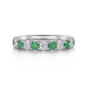 Gabriel & Co. AN14192W44EA 14 karat white gold Classic anniversary band, front view of green and colorless round stones taking turns along a straight band