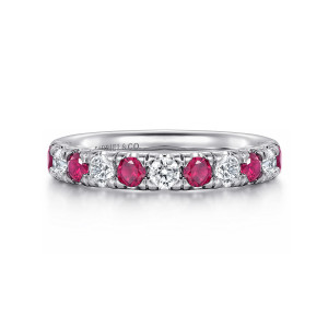 Gabriel & Co. AN14192W44RA 14 karat white gold Classic anniversary band, front view of deep red round stones taking turns with colorless diamonds along the top