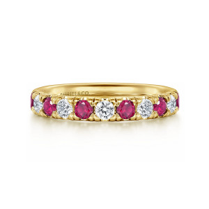 Gabriel & Co. AN14192Y44RA 14 karat yellow gold Classic anniversary band, front view of diamonds alternating with deep red stones, each between small prongs
