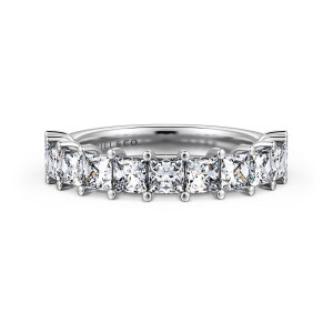 Gabriel & Co. AN14197W44JJ 14 karat white gold Classic anniversary band, front view of square diamonds in a straight line, held by shared round tipped prongs