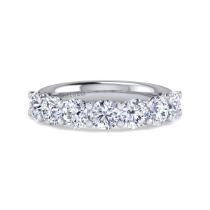 Gabriel & Co. AN14212W44JJ 14 karat white gold Classic anniversary band, front view of large round diamonds sharing small rounded prongs along the top of the band