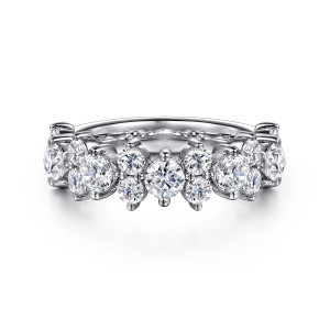 Gabriel & Co. AN14222W44JJ 14 karat white gold Starlight anniversary band, front view of a larger diamond alternating with side by side pairs of smaller stones