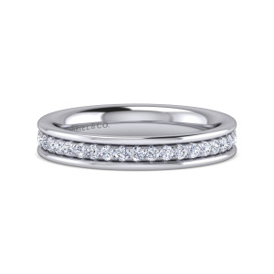 Gabriel & Co. AN14246W44JJ 14 karat white gold Contemporary wedding band, front view of a row of tiny round stones between two glossy rims