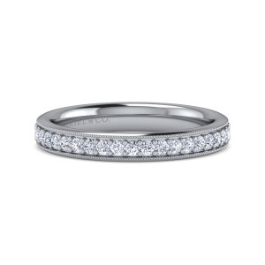 Gabriel & Co. AN14250W44JJ 14 karat white gold Victorian band, front view of a row of small round diamonds between two beaded milgrain edges