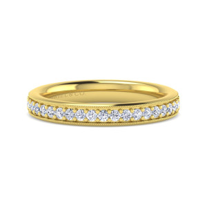 Gabriel & Co. AN14250Y44JJ 14 karat yellow gold Victorian band, front view of small round diamonds between two milgrain edges on a straight band