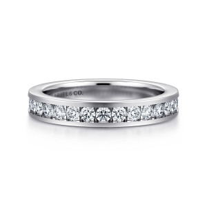 Gabriel & Co. AN14281W44JJ 14 karat white gold Contemporary wedding band, front view of round stones sitting side by side between two flat polished metal walls