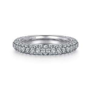 Gabriel & Co. AN14290W44JJ 14 karat white gold Contemporary anniversary band, front view of the domed surface of small diamonds with a larger center line
