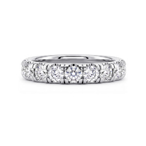 Gabriel & Co. AN14326W44JJ 14 karat white gold Classic anniversary band, front view of a row of round stones divided by thin prongs along the top