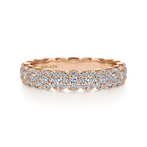 Gabriel & Co. AN14685K44JJ 14 karat rose gold Contemporary anniversary band, front view of larger round diamonds circled by tiny stones along a scalloped edge