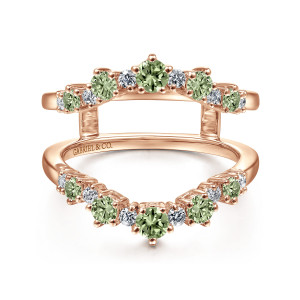 Gabriel & Co. AN14746L-K44GS 14 karat rose gold Starlight ring enhancer, front view of two mirrored V arcs of pale green stones and diamonds with an open gap between