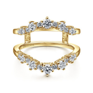 Gabriel & Co. AN14746L-Y44JJ 14 karat yellow gold Starlight ring enhancer, front view of two mirrored V curved arms of round diamonds with an open gap between