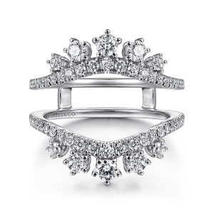 Gabriel & Co. AN14748M-W44JJ 14 karat white gold Starlight ring enhancer, front view of the two crowned arms joined by a small bridge at each side
