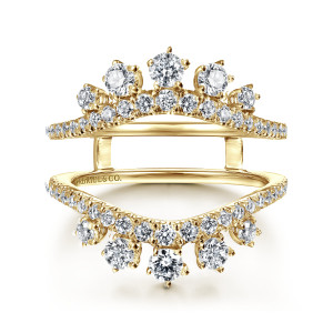 Gabriel & Co. AN14748M-Y44JJ 14 karat yellow gold Starlight ring enhancer, front view of both arches facing each other, larger diamonds crowning the middle of each
