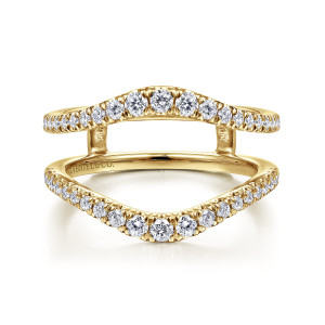 Gabriel & Co. AN14749M-Y44JJ 14 karat yellow gold Contemporary ring enhancer, front view of two wavy arms of round stones largest at the middle, joined by bridges