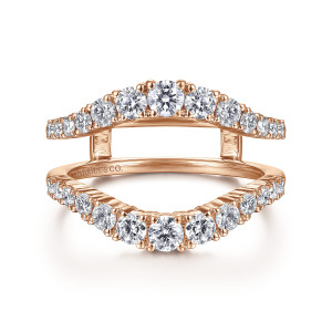 Gabriel & Co. AN14750M-K44JJ 14 karat rose gold Contemporary ring enhancer, front view of mirrored curved arms of graduated round diamonds joined by short bridges